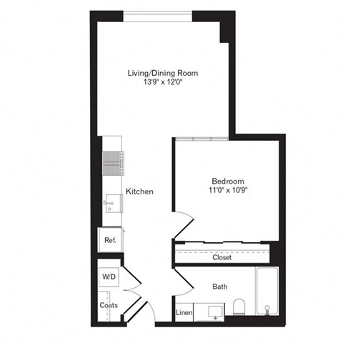 Floor plan for 1 bed, 1 bath, 577 sqft